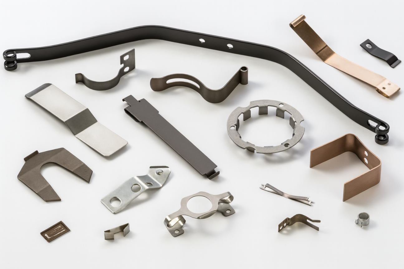 Precision metal stamped components including brackets, clips, and connectors.