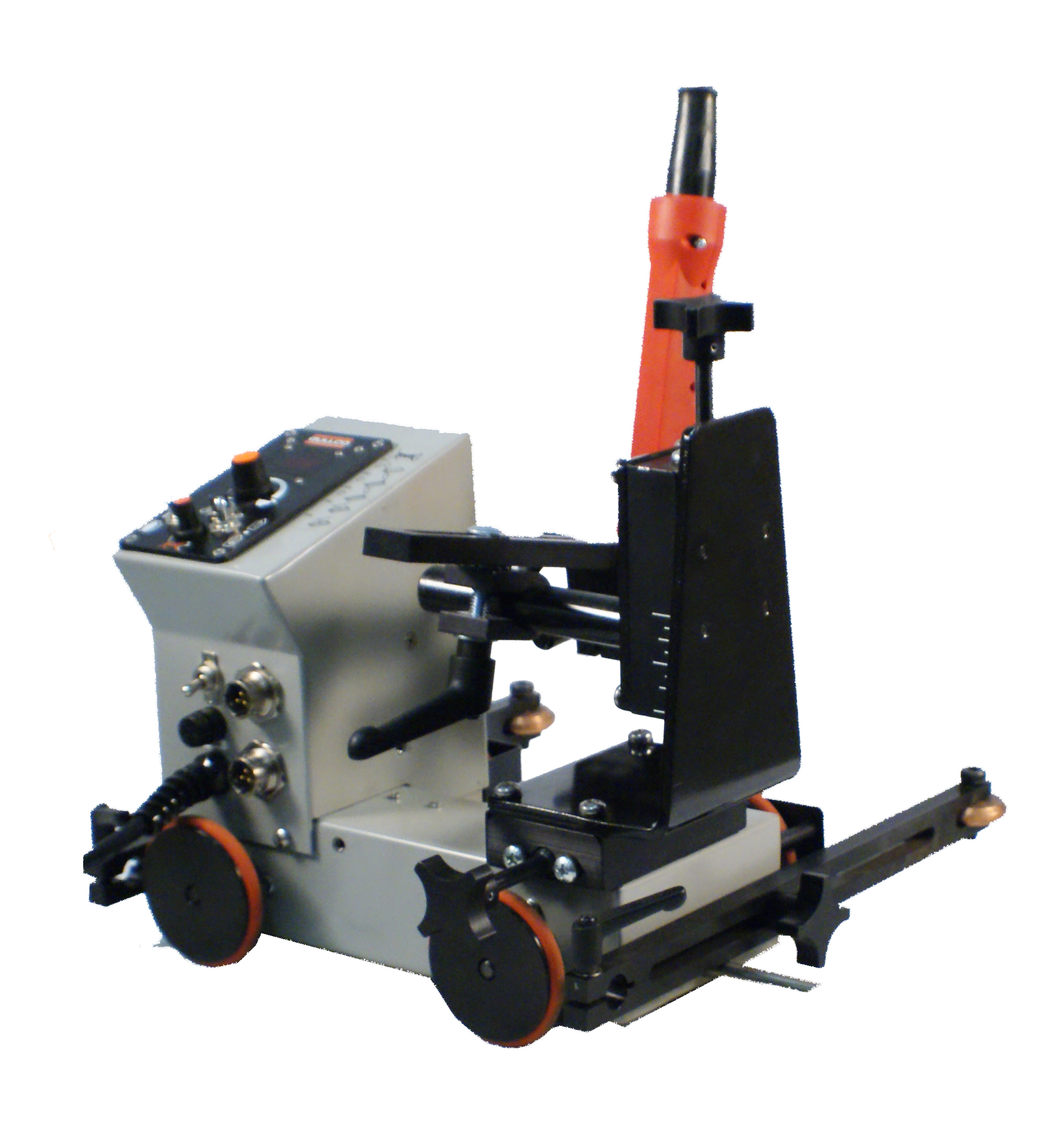 MOGGY trackless welding carriage with an adjustable torch support.