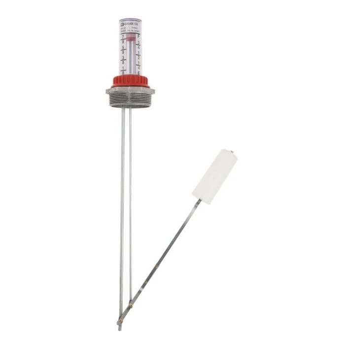 Type D direct-reading gauge with top indicator and swing-arm float assembly.
