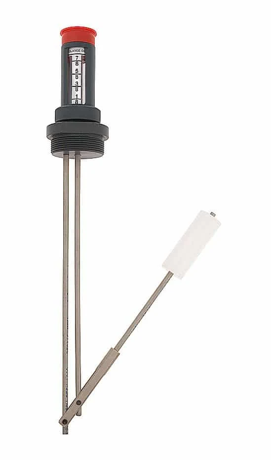 All-plastic Type PD gauge with direct-reading indicator and swing-arm float.