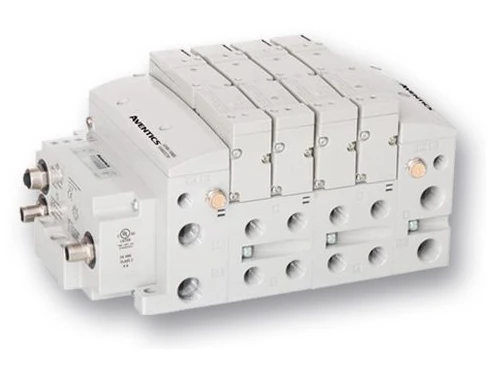 Aventics pneumatic valve manifold with multiple valve sections and connection ports.