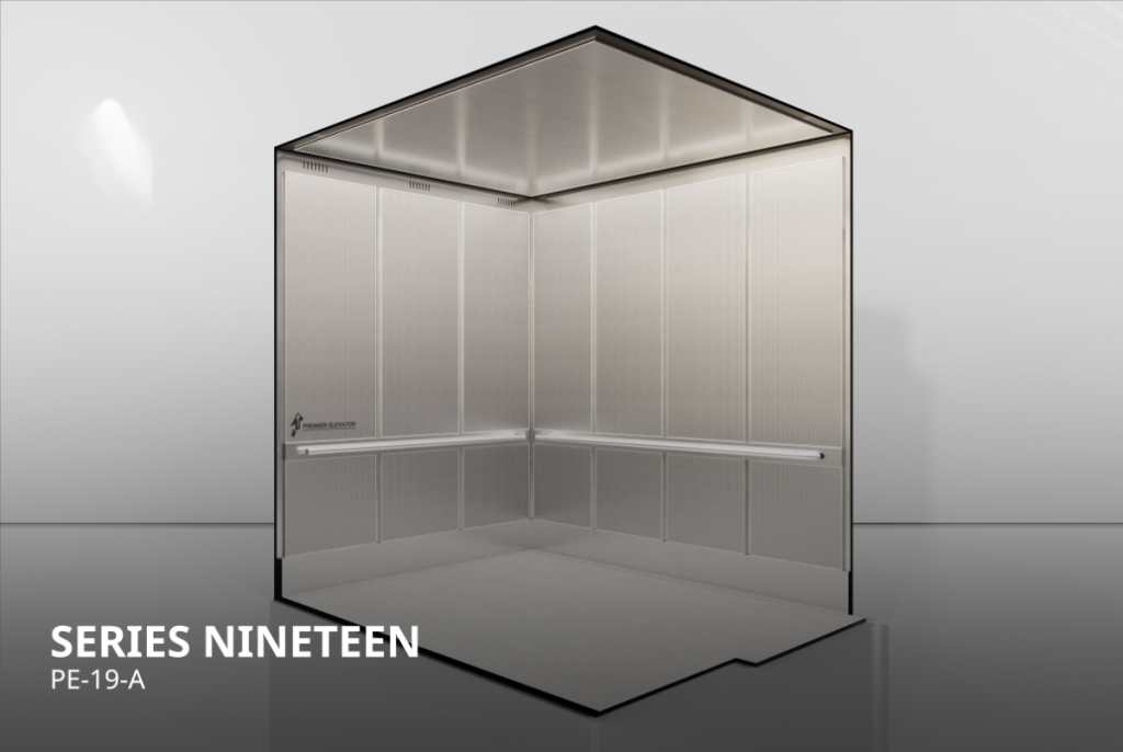 Medical Series 19A elevator cab interior with textured stainless steel panels and vinyl flooring.