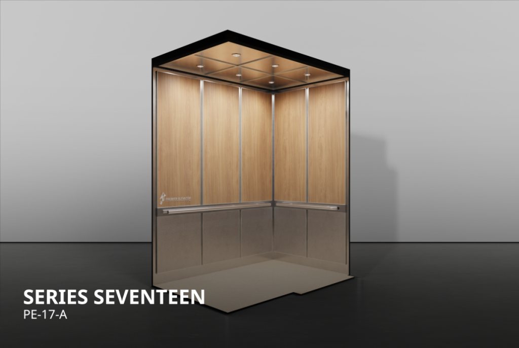 Rigid Series 17A elevator cab interior with stainless steel and laminate wood panels, handrail, and vinyl flooring.