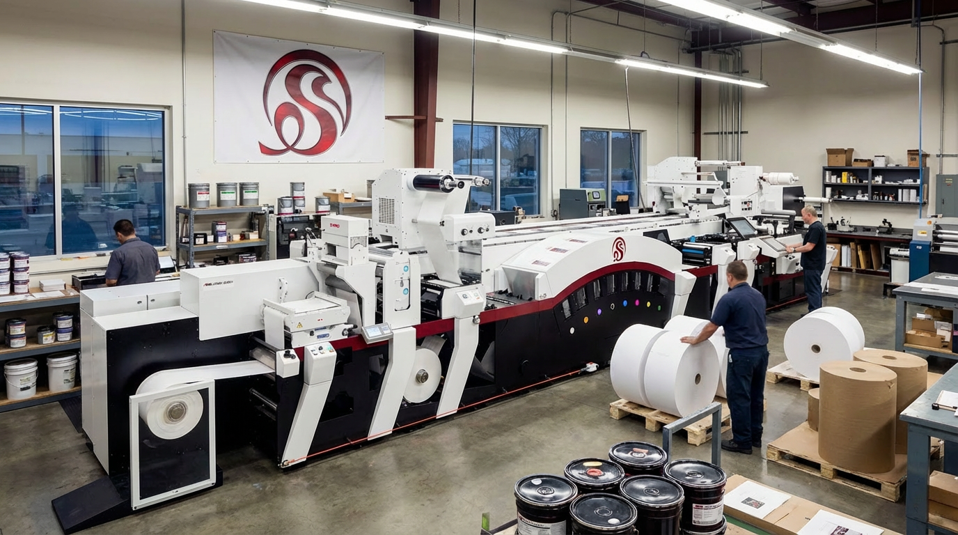 Press room image associated with pressure-sensitive label production capability.