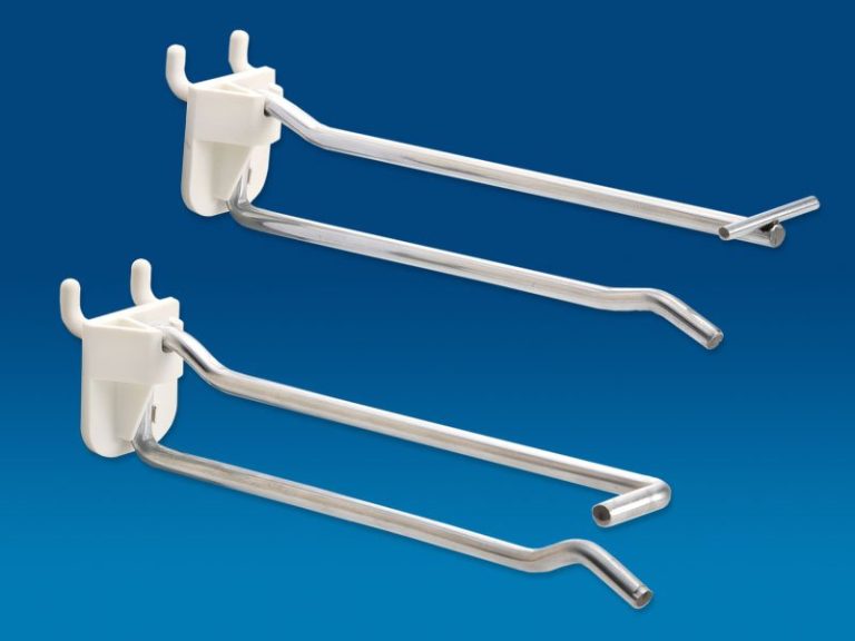 Plastic-base display scan hook with dual wire arms for pegboard and slatwall merchandising.