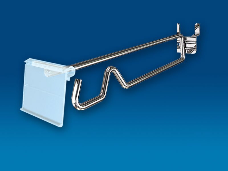 Anti-sweep display scan hook with metal wire construction and integrated label holder for secure retail merchandising.