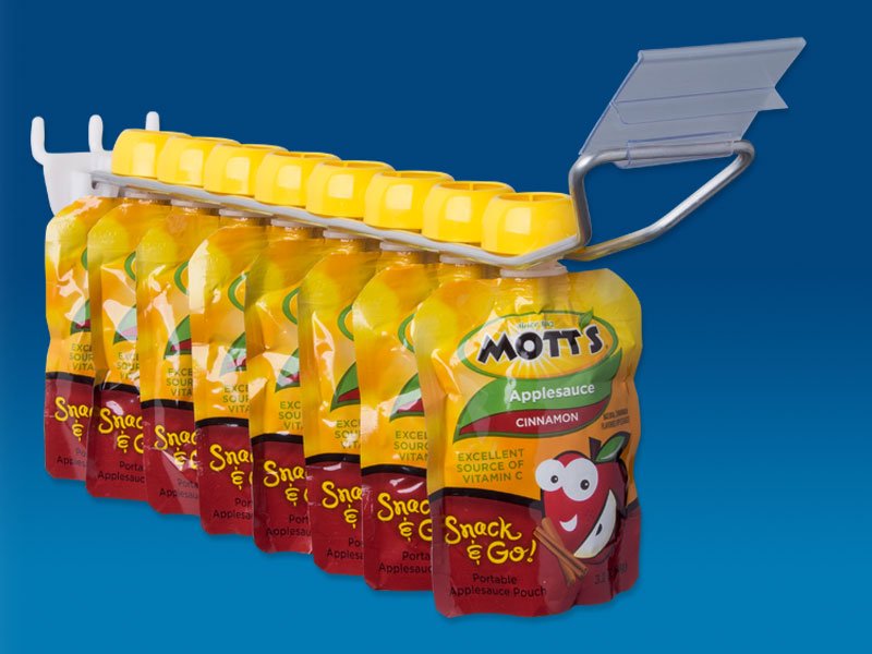 Pouch hook for pegboard and slatwall designed for secure hanging and front-facing display of flexible packaging.