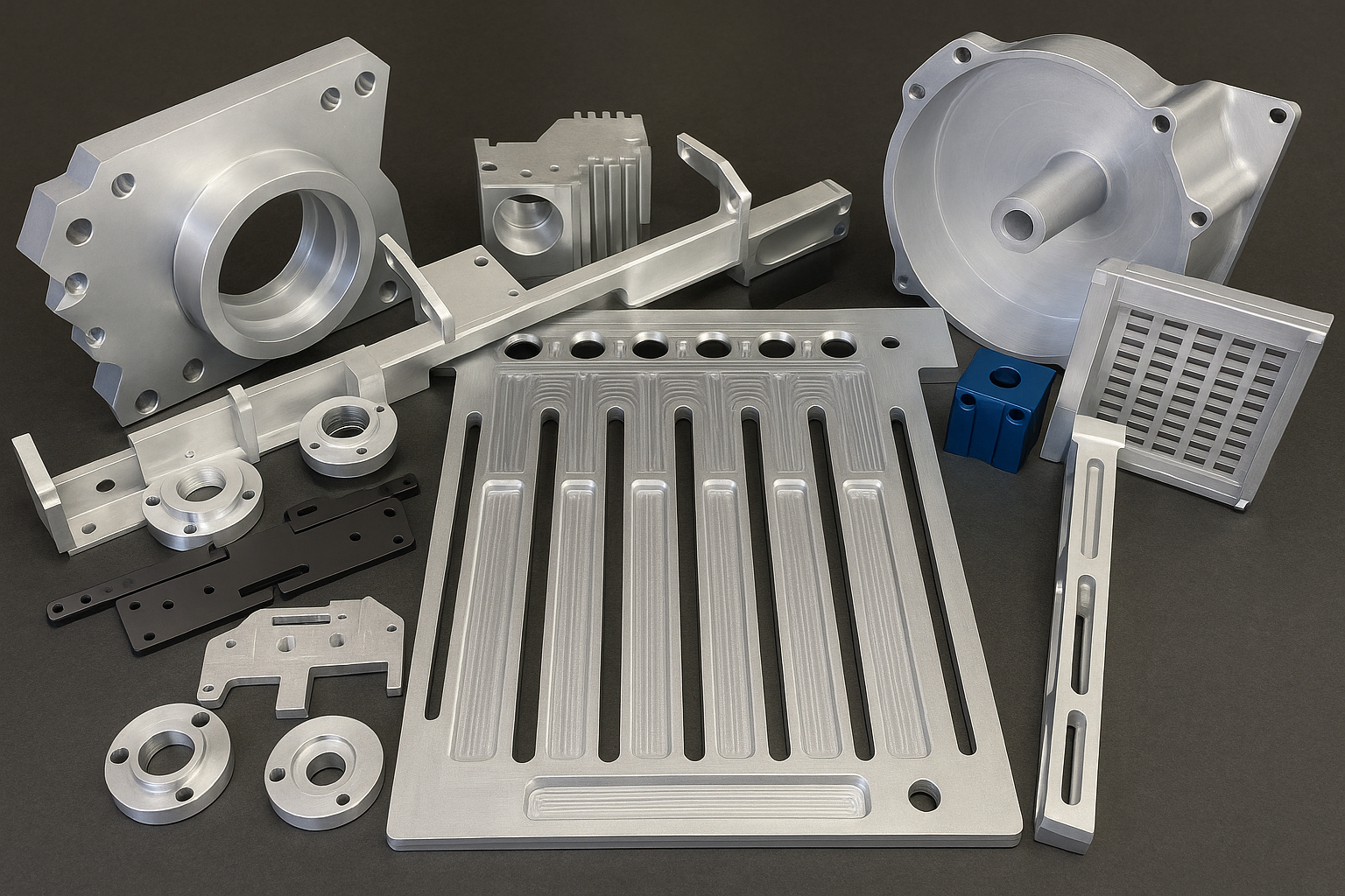 Precision CNC milled parts including housings, brackets, manifolds, and plates with tight tolerances.